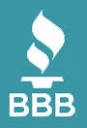 icon of the better business bureau logo in white against a turquoise rectangle background