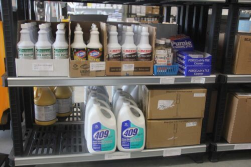 photo of the C&C Suppliers warehouse shelves stocked with bathroom cleaning supplies