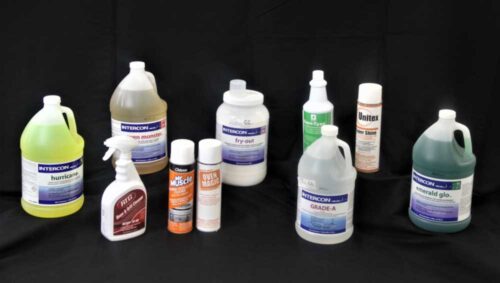 photo of several large size cleaning agents sold by C&C Suppliers against a black background