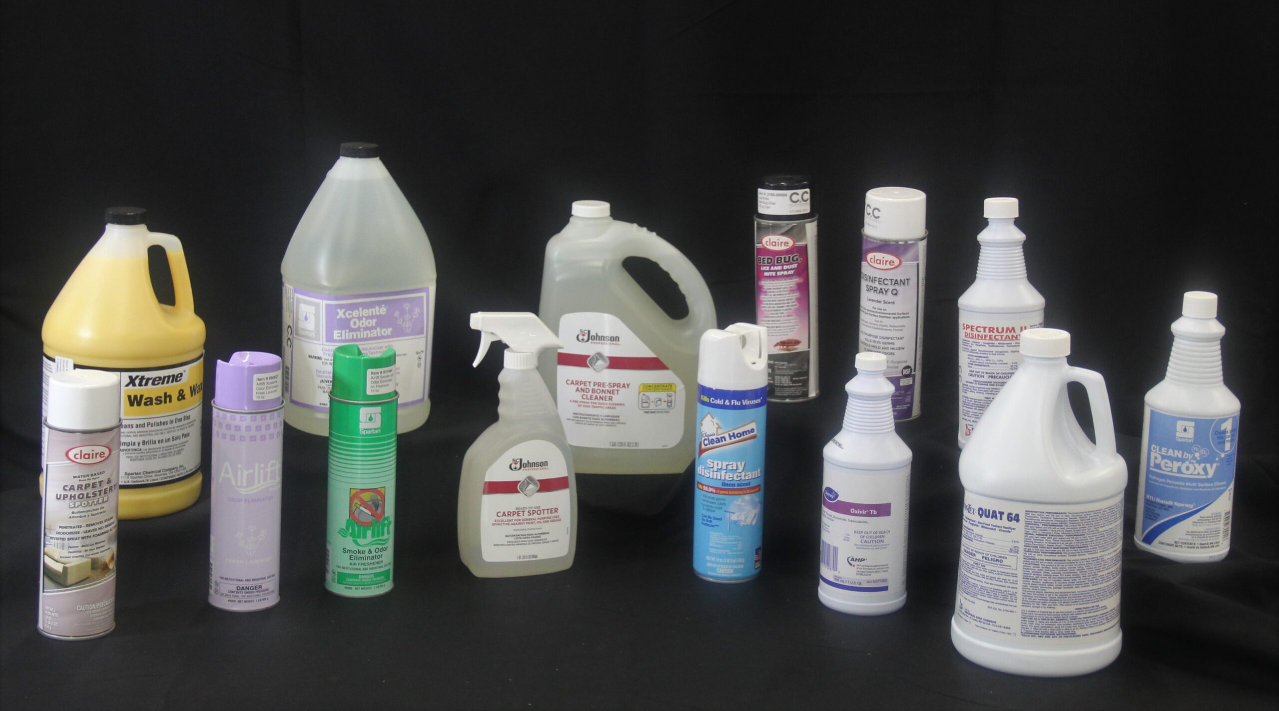 photo of a variety of cleaning agents sold by C&C Suppliers against a black background