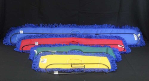 photo of Four sizes of dust mop heads in 4 different colors, yellow, green, red and blue each with blue cleaning loops against a black background