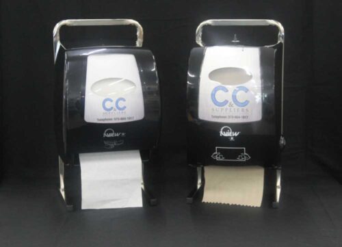 photo of two Automatic Paper Towel Dispensers sold by C&C Suppliers on a black background