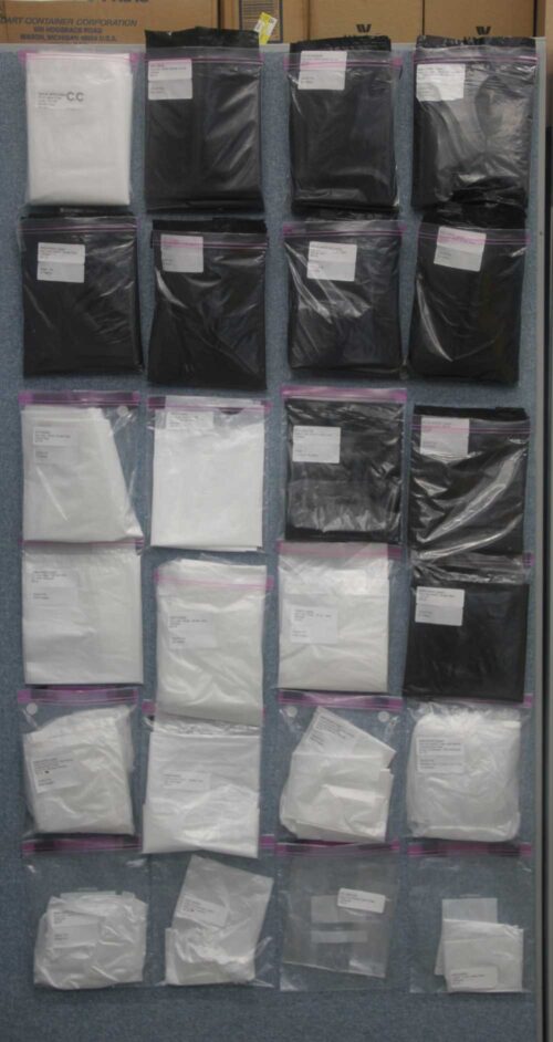 photo of various plastic bags sold by C&C Suppliers organized and hung on the wall