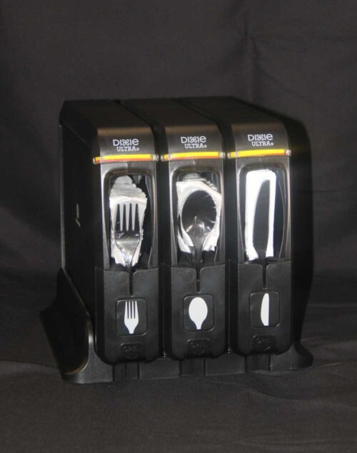 Photo of a silverware dispenser sold by C&C Suppliers stocked with knives, spoons, and forks against a black background