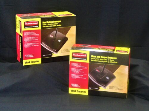 photo of dual action sweeper and floor and carpet sweeper boxes sold by C&C Suppliers against a black background