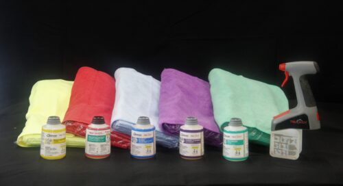 yellow, red, blue, purple, green cleaning cloths paired with color coordinated cleaning solutions and a reusable sprayer handle sold by C&C Suppliers against a black background