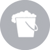 icon of a white bucket overflowing with bubbles inside a gray circle